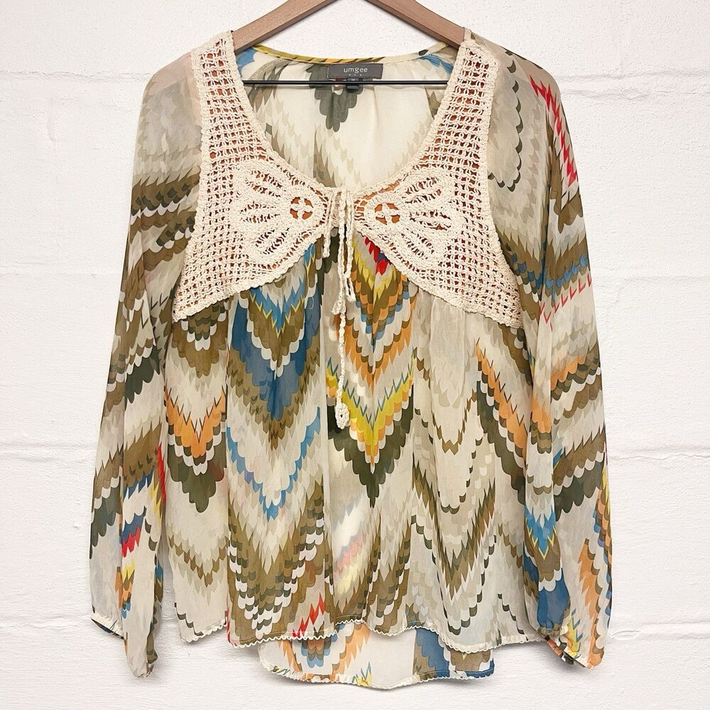 Umgee Womens Sheer Blouse Size M Boho Chevron Crochet Overlay Long Sleeve 70s